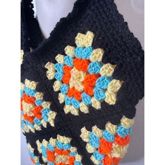 Handmade Granny Square Crochet Shoulder Bag Black Yellow Orange Retro Tote Y2K - Picture 3 of 5